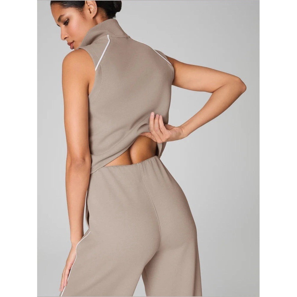 Spanx Air Essentials Pique Sleeveless Mockeck Jumpsuit Wide Leg Tan Size Medium - Picture 3 of 13